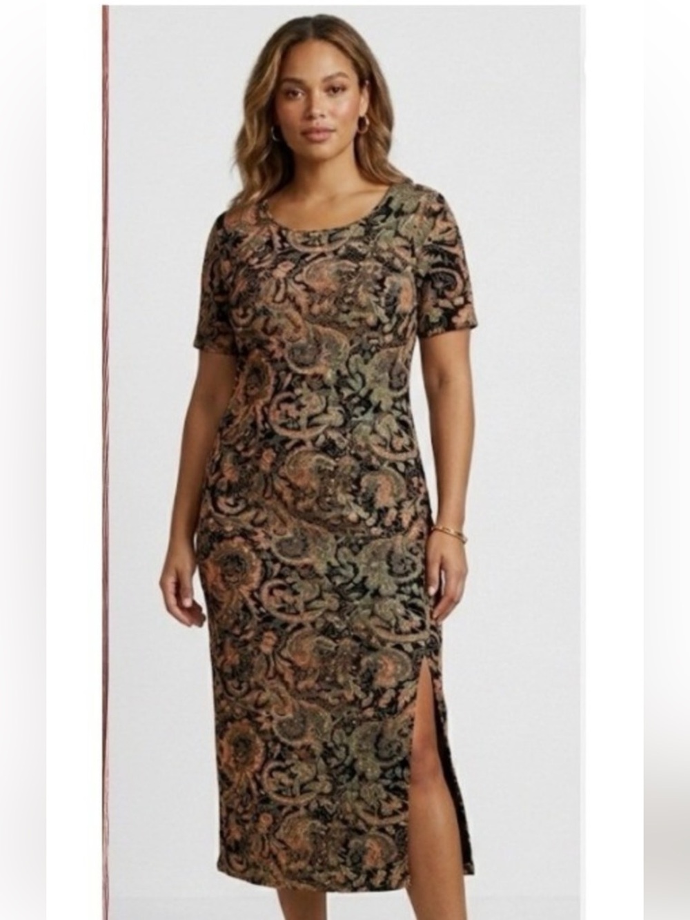 Peruvian Connection Olive and Brown Paisley Midi Dress